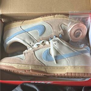 Beige and Blue Coconut Mike Nike Dunk Sneakers